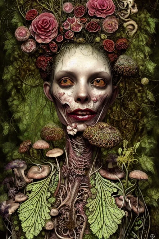 Image similar to beautiful and detailed rotten woman corpse with fractal plants and fractal flowers and mushrooms growing around, face muscles, veins, arteries, intricate, ornate, surreal, ray caesar, john constable, guy denning, dan hillier