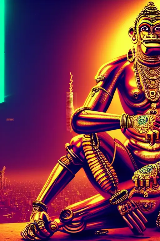 Prompt: high quality 3 d render colorful cyborg! hanuman sitting, gold madhubani, highly detailed, cyberpunk!! mumbai in the background, unreal engine cinematic smooth, szukalski & blade runner, moody neon light, low angle, uhd 8 k, sharp focus