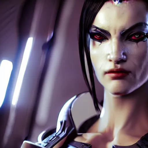 Prompt: evil cyberpunk attractive female villain, highly detailed, photorealistic portrait, bright studio setting, studio lighting, crisp quality and light reflections, unreal engine 5 quality render