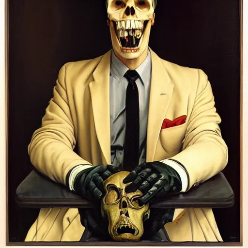 Image similar to portrait of a suited man with medical gloves and a skull mask, by Gerald Brom and Norman Rockwell