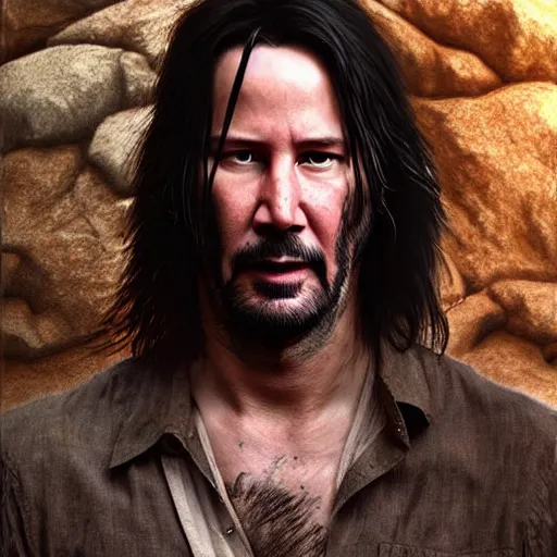 Image similar to keanu reeves as a cave man , digital art , hyperdetailed , trending on artstation , matte painting , CGSociety , pinterest