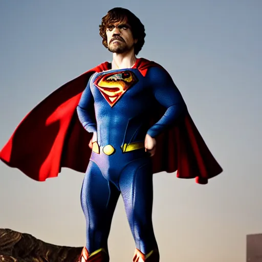 Image similar to stunning awe inspiring peter dinklage as superman, movie still 8 k hdr atmospheric lighting