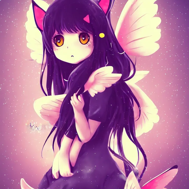 Image similar to cute, full body, female, anime style, a cat girl with fairy wings, large eyes, beautiful lighting, sharp focus, simple background, creative, heart effects, filters applied, illustration