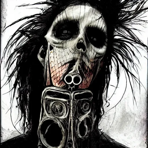 Image similar to gaunt ( the cure fan ) as dream from sandman holding a skeleton gas mask, dim stars as eyes, by jeremy mann, by cedric peyravernay, by ben templesmith, by dave mckean and by ben templesmith, by richard avedon, dramatic lightning, sadness, dark eye sockets, in the shadows, punk rock, gothic, high detailed, 8 k