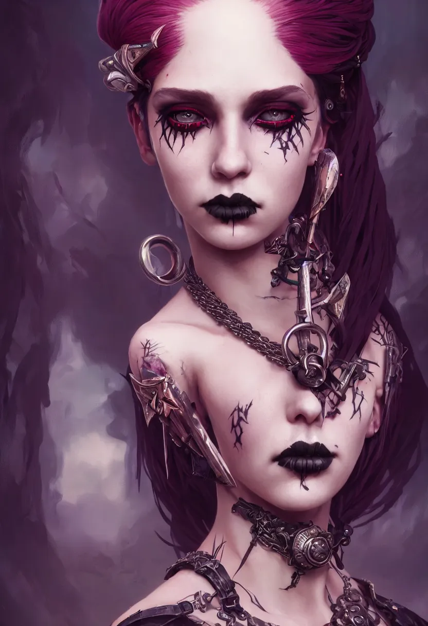 Image similar to beautiful extreme closeup portrait, goth girl, piercings collar, mohawk hairstyle, medieval dress. witch, makeup. unreal engine, greg rutkowski, loish, rhads, beeple, tom bagshaw, alphonse mucha, global illumination, detailed and intricate environment