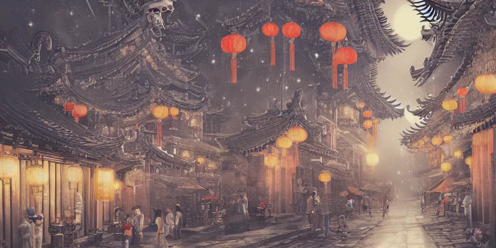 Image similar to Chinese white dragon flies at us over an ancient Chinese street at night in the moonlight, the street is lit with Chinese lanterns, illustration, artstation