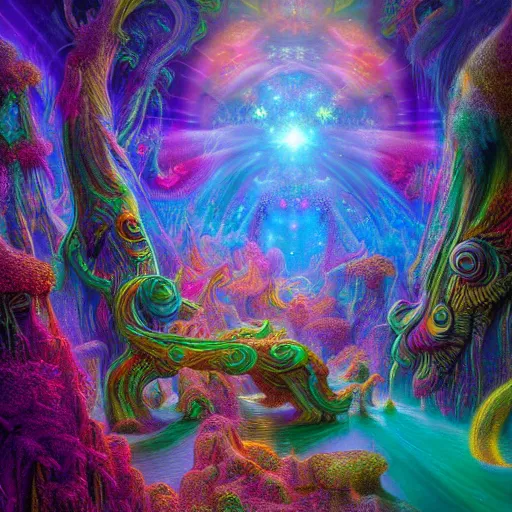 Image similar to Photorealistic Magical Wonderland in the style of Lisa Frank, Robert Venosa, Michael Whelan and Gustave Dore. Hyperdetailed photorealism, 108 megapixels, amazing depth, glowing rich colors, powerful imagery, psychedelic Overtones, 3D finalrender, 3d shading, cinematic lighting, artstation concept art