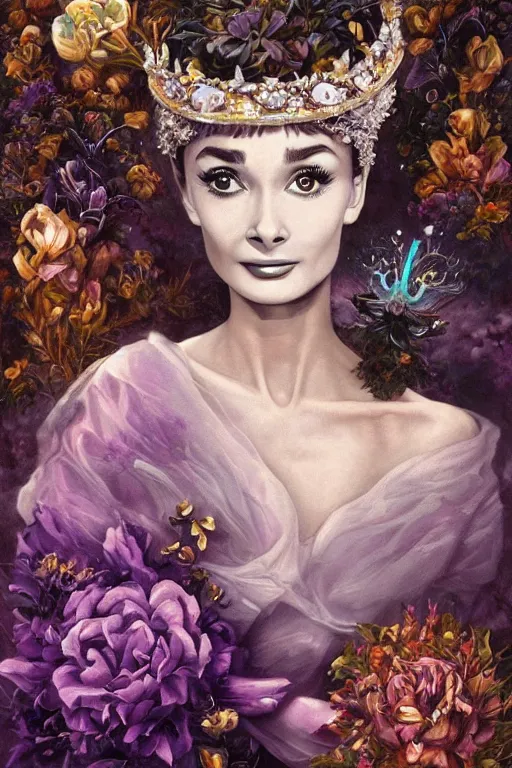 Image similar to closeup portrait fine art photo of the beauty audrey hepburn, she has a crown of stunning flowers and dress of purple satin and gemstones, background full of stormy clouds, by peter mohrbacher