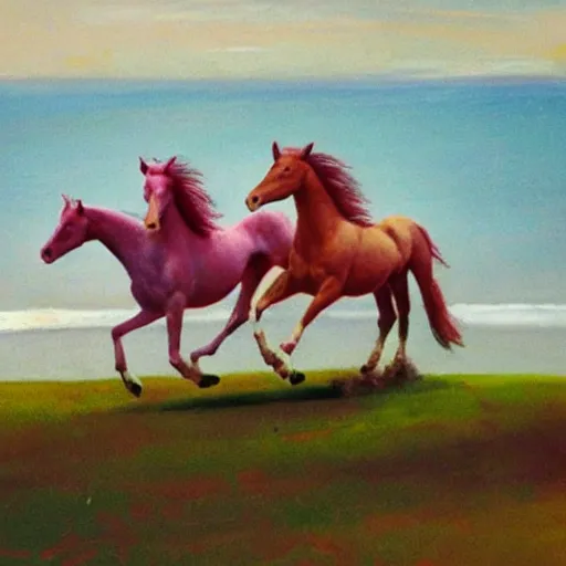 Prompt: pink horses galloped across the sea