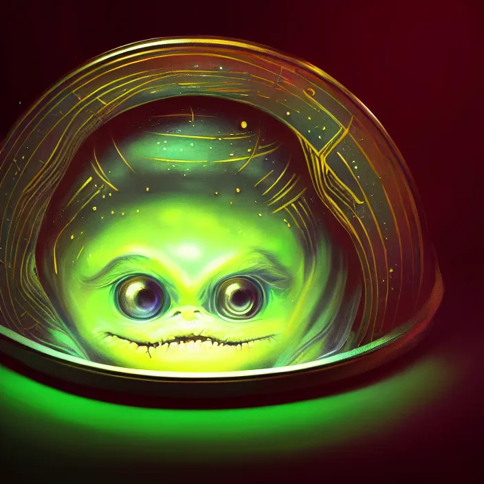 Prompt: painting on a round metallic plate of a cute alien, illustrated by greg rutkowski and h. r. giger, 3 5 mm lens, beautiful macro close - up imagery, vibrantly lush neon lighting, beautiful volumetric - lighting - style atmosphere, a futuristic atmosphere, intricate, ultra detailed, photorealistic imagery, trending on artstation