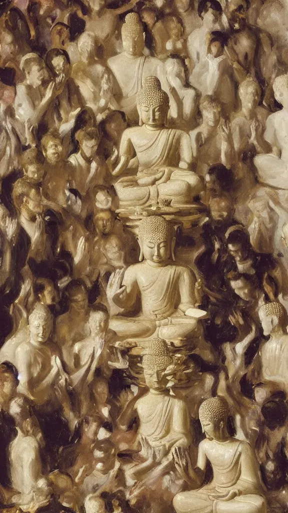 Prompt: a budda rabbit statue between crowd of people prayers in a botanical room by john singer sargent
