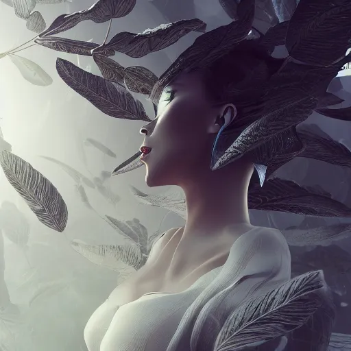 Prompt: a highly detailed digital image of a futuristic elegant woman shattering in the shape of leaves, artstation, extremely detailed woman, stunning volumetric lighting, 4k,