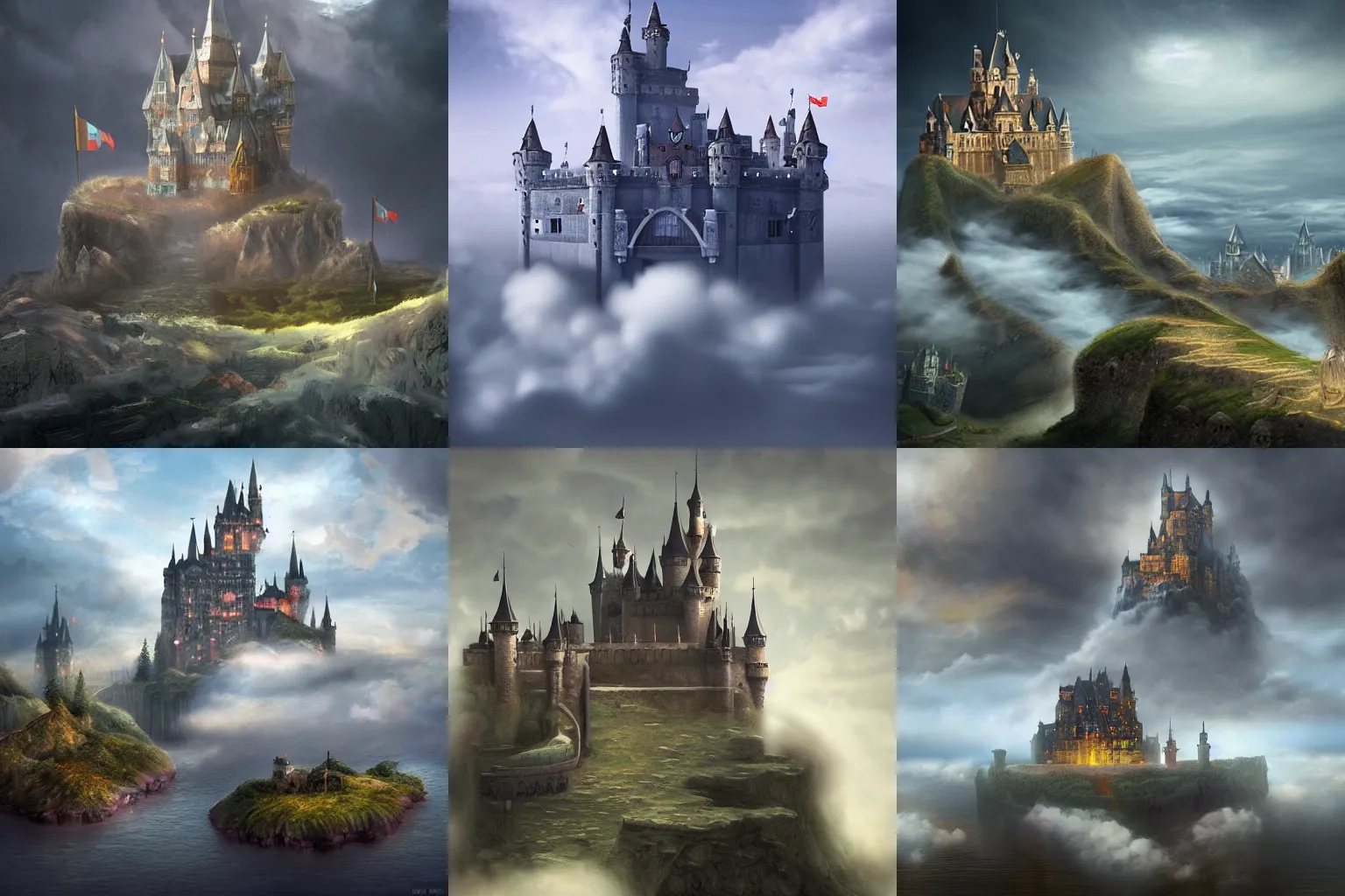 Prompt: castle floating on the clouds, elaborate digital art, matte painting trending on artstation