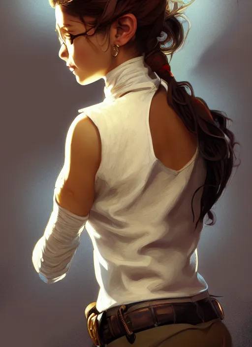 Image similar to portrait of a full body of beautiful young female detective, d & d, sleeveless turtleneck, fantasy, flat lighting, intricate, highly detailed, digital painting, artstation, concept art, smooth, sharp focus, illustration, art by simon bisley and greg rutkowski and alphonse mucha, natural tpose