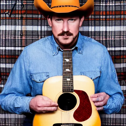 Image similar to a fox animal, wearing cowboy hat, wearing plaid shirt, playing guitar, in barn, album cover style