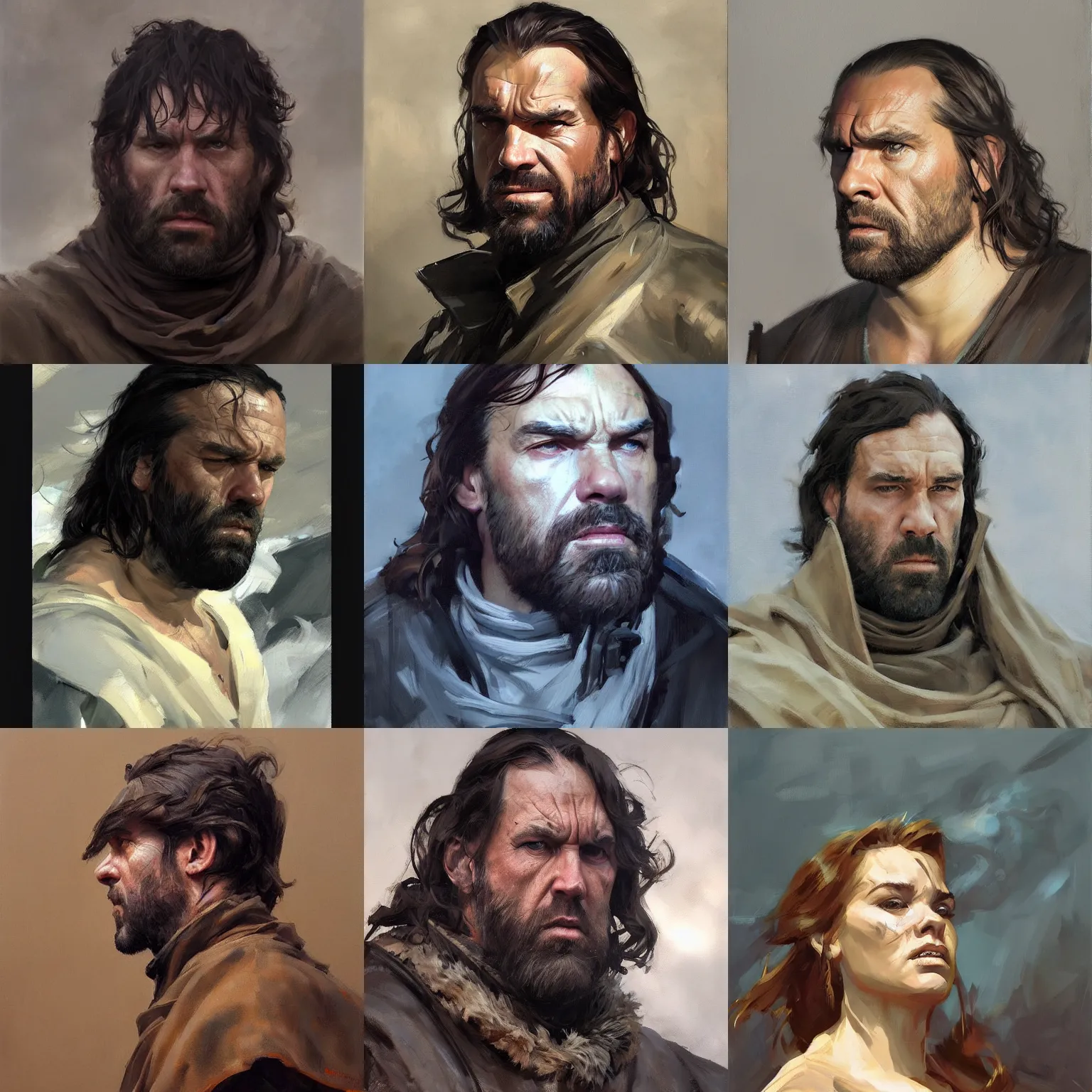 Prompt: greg manchess portrait painting of the hound from game of thrones, medium shot, asymmetrical, profile picture,, foggy day, matte painting, bold shapes, hard edges, by lucian freud huang guangjian and gil elvgren and sachin teng