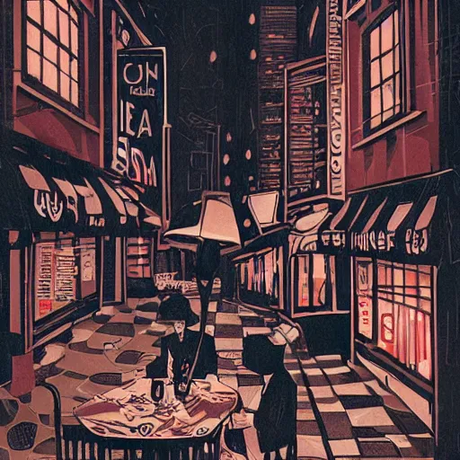 Image similar to drinking coffee in the streets, in the style of james jean, film noir, dark atmosphere