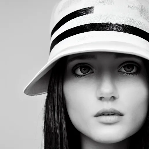 Image similar to black and white photograph of centered fashion model girl in wide !white! hat, hyperrealism style