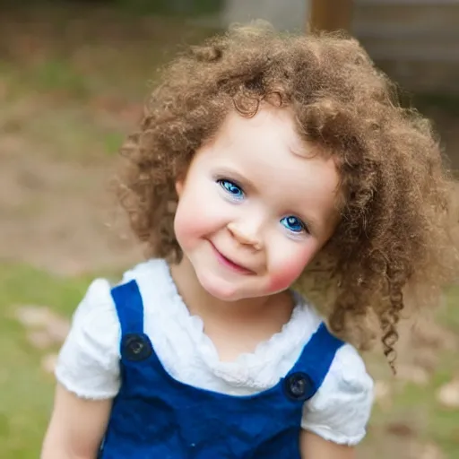 Image similar to Beautiful mischievous cute toddler girl, sunken dark blue eyes, short golden curls