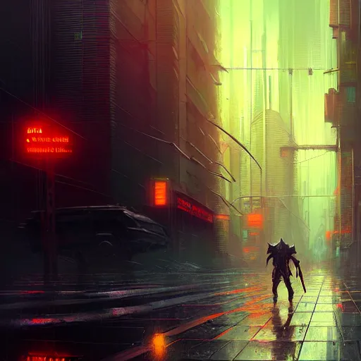 Image similar to an exhausted warrior walks from left to right a lost cyberpunk city, rainy day, radiant light, digital painting, art station, by les edwards, by greg rutkowski