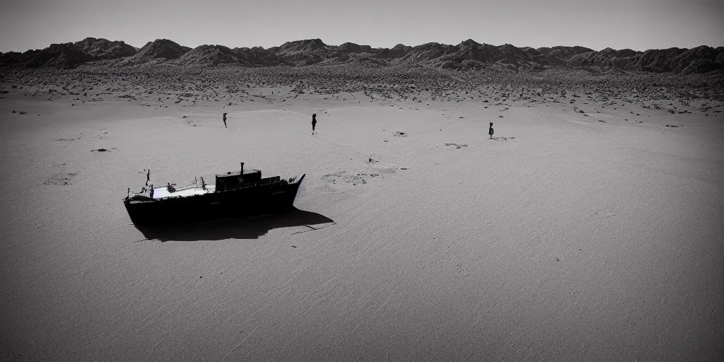 Image similar to a ship in the middle of the desert, photo by Michael Kenna,