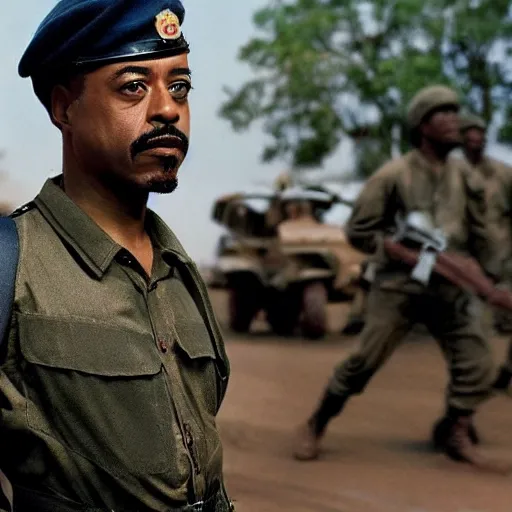 Image similar to black Robert Downey Jr as a soldier in Vietnam, award winning historical photograph