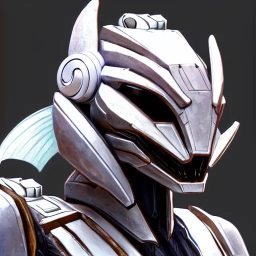 Prompt: close up bust of a cute stunning robot anthropomorphic female dragon, with sleek silver armor, wearing headphones made of wood, detailed digital art, furry art, warframe art, destiny art, high quality, 3D realistic, Furaffinity, Deviantart