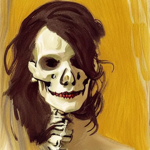 Image similar to portrait painting young woman skeleton, , comic book, elegant, highly detailed, painted by Singer Sargent and David Hockney