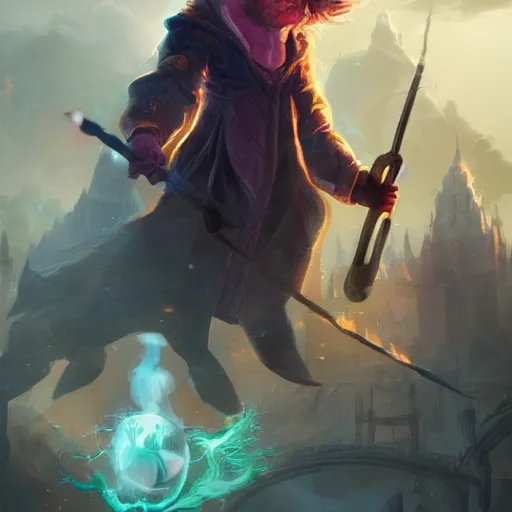 Image similar to a wizard that looks like an average person destroying a city with magic while laughing and flying, high quality digital art trending on artstation