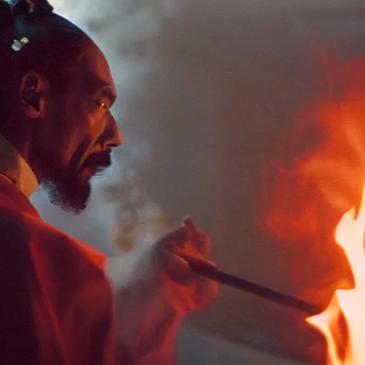 Image similar to cinematic film still of Snoop Dogg starring as a Samurai holding fire, Japanese CGI, VFX, 2022, 40mm lens, shallow depth of field, film photography