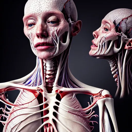 Prompt: female Human with translucent skin, visible muscles and veins and arteries and bones and spine and nerves, beautiful detailed intricate insanely detailed octane render, 8K artistic photography, photorealistic, chiaroscuro, by David Cronenberg, Raphael, Caravaggio