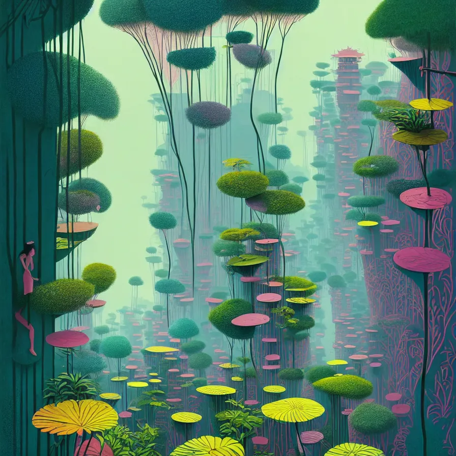 Prompt: surreal gediminas pranckevicius, malaysia jungle, summer morning, very coherent and colorful high contrast art by james gilleard james gurney floralpunk screen printing woodblock, habitat 6 7, dark shadows, pastel color, hard lighting, stippled light, art nouveau, film noir