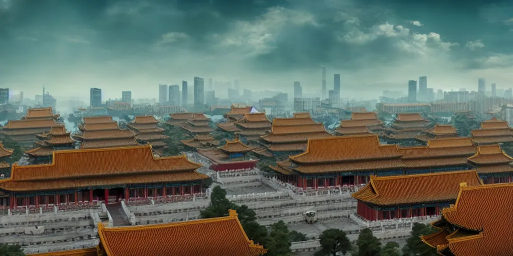 Image similar to a very high resolution image from a new movie, cyberpunk building, forbidden city, fantasy, wideshot, photorealistic, photography, directed by wes anderson