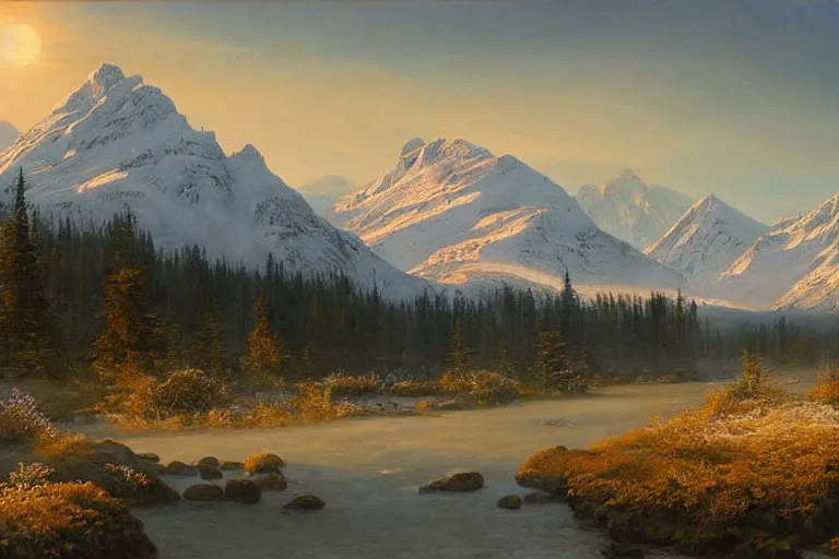 Prompt: an epic landscape painting of the three sisters mountains in canada, with snow on its peak, at sunrise in springtime, with a small river in the foreground, painted by x, atmospheric, volumetric lighting, rolling fog, breathtaking, highly detailed, painted by ted nasmith