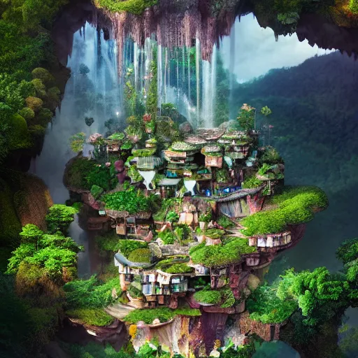 Image similar to waterfall village, by benoit mandelbrot, filip hodas, vincent callebaut, mike campau and studio ghibli