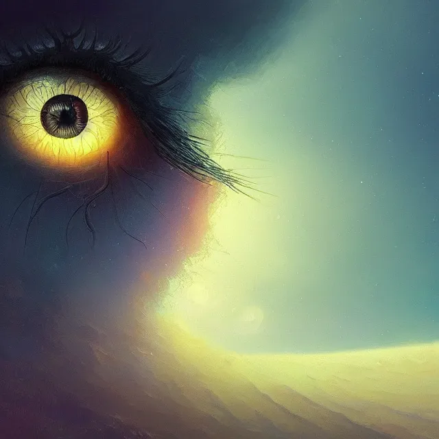 Prompt: a closeup view of the beautiful human eye, iris of the human eye, iris turning into landscapes, fantasy landscape, colorful, sharp and focus, ultra detailed, beautifully lit landscape, astrophotography, in the art style of dan mumford, ivan aivazovsky and marc simonetti