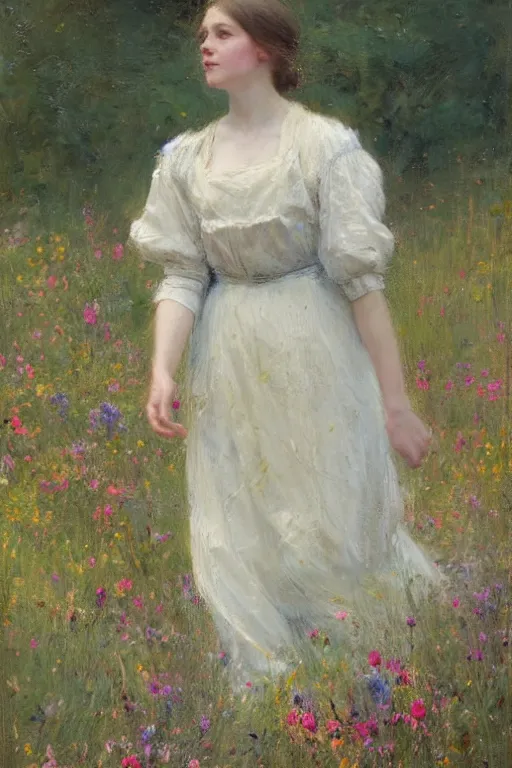 Image similar to Richard Schmid and Jeremy Lipking full length portrait painting of a young beautiful edwardian girl walking through a field of tall flowers