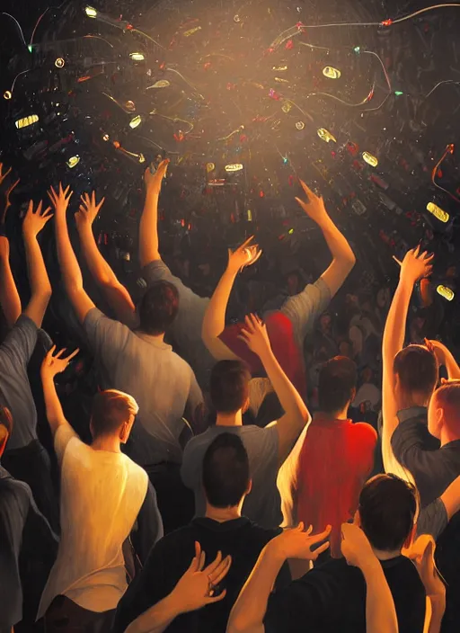 Image similar to image of group of people very drunk dancing chaotic and large technics dj table front of picture, beer bottles flying in the air, dark backround, highly detailed, digital illustration, trending in artstation, modern painting, smooth, sharp focus, intricate, einar jonsson and bouguereau