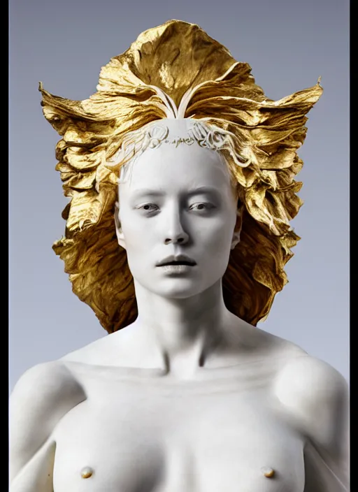 Prompt: a statue made of white marble with gold veins, of an beautiful gorgeous angel girl, full body shot, perfect symmetrical body, perfect symmetrical face, no eyes, hyper realistic, hyper detailed, fujicolor superia 1 6 0 0 photo, by johannen voss, by peter kemp, by monia merlo, by michelangelo octane render, blender, 8 k