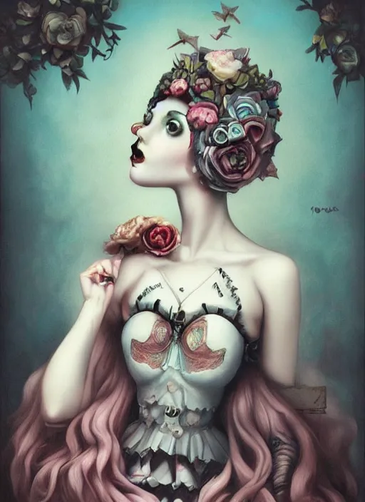 Prompt: pop surrealism, lowbrow art, realistic cute gothic dress fashion painting, japanese street fashion, hyper realism, muted colours, rococo, natalie shau, loreta lux, tom bagshaw, mark ryden, trevor brown style