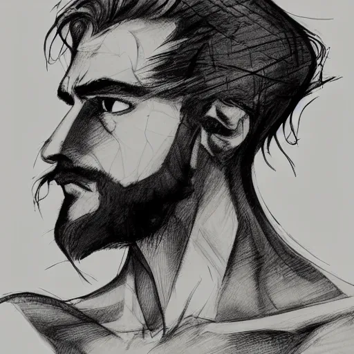 Image similar to very high angle view, very attractive man with beard, body full, strong masculine features, 3/4 front view, slim, command presence, royalty, weathered face, smooth, sharp focus, organic, appealing, book cover, deep shadows, by Dave McKean sketch lineart for character design