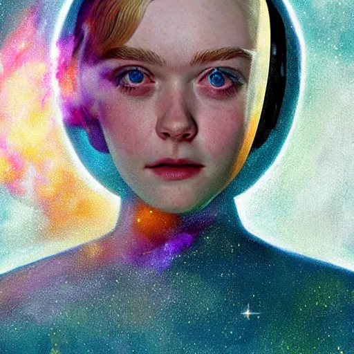 Prompt: a striking hyper real painting of Elle Fanning in space by Sascha Schneider