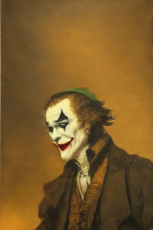 Prompt: joker, painted by rembrandt, intricate, detailed, atmospheric lighting, golden hour.