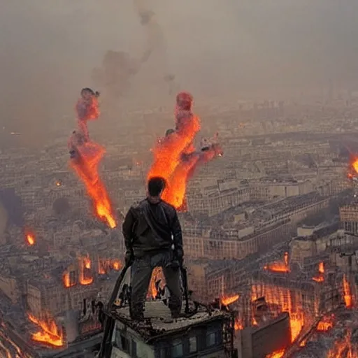 Image similar to A Guy standing a top of Eiffel tower, Zombie apocalypse, Zombie everywhere, Fire everywhere, Building destroyed, People screaming, Horde of zombies,