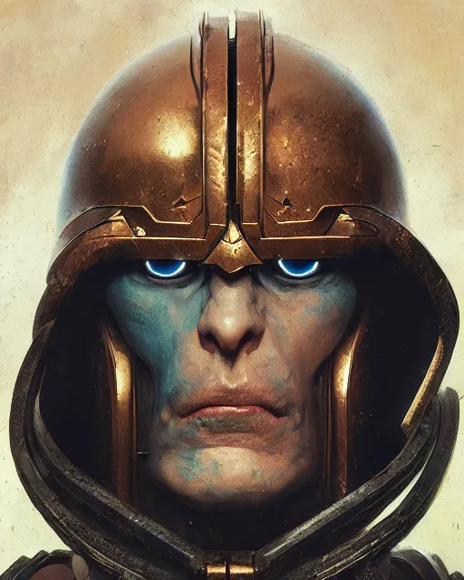 Prompt: hyper realistic portrait of warhammer android head, cinematic, chaos marine, tzeentch, artstation, cgsociety, full head, greg rutkowski, james gurney, mignola, craig mullins, brom