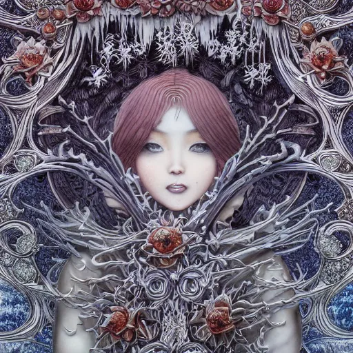 Image similar to of intricate and detailed frozen flower, symmetrical, by yoichi hatakenaka, masamune shirow, josan gonzales and dan mumford, ayami kojima, takato yamamoto, barclay shaw, karol bak