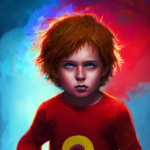 Image similar to colorful and festive captivating young child boy, brown fluffy hair, wearing red and yellow hero suit, shooting a fire ball out of his fist. full body, rich vivid colors, ambient lighting, dynamic lighting, 4 k, atmospheric lighting, painted, intricate, highly detailed by charlie bowater