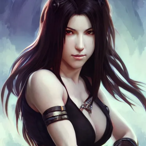 Image similar to portrait of Tifa from the Final Fantasy, D&D, fantasy, intricate, elegant, highly detailed, digital painting, artstation, concept art, matte, sharp focus, illustration, by Artgerm, Greg Rutkowski, Alphonse Mucha