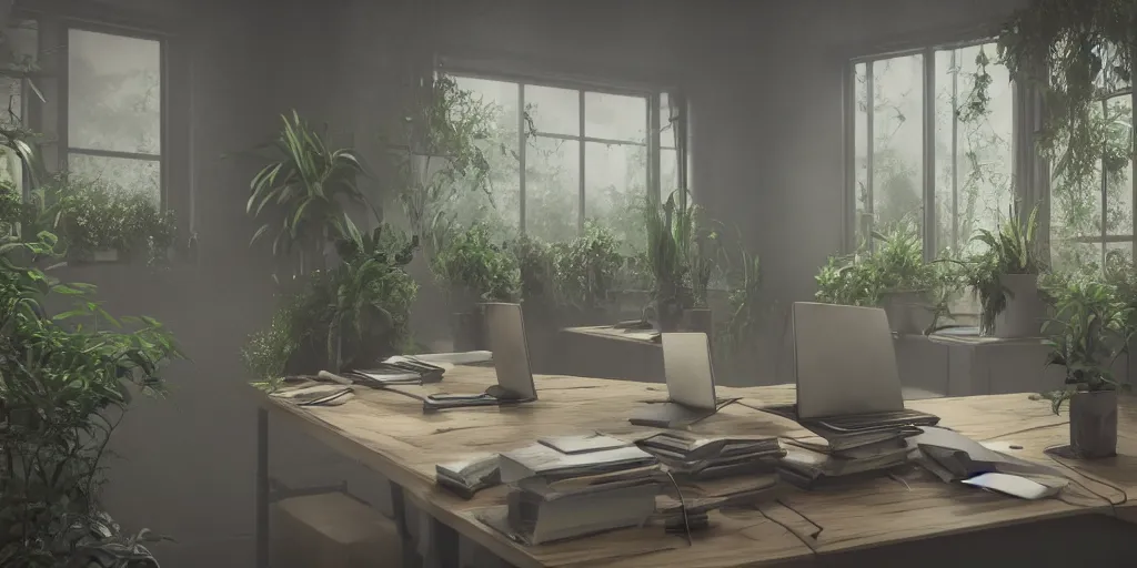 Image similar to cat desk office mirrors plants gloomy strange weird mist curious fish luminous bloom windows insect atmosphere sense awe 4 k 8 k render 3 d unreal engine 5 octane by nikolina petolas