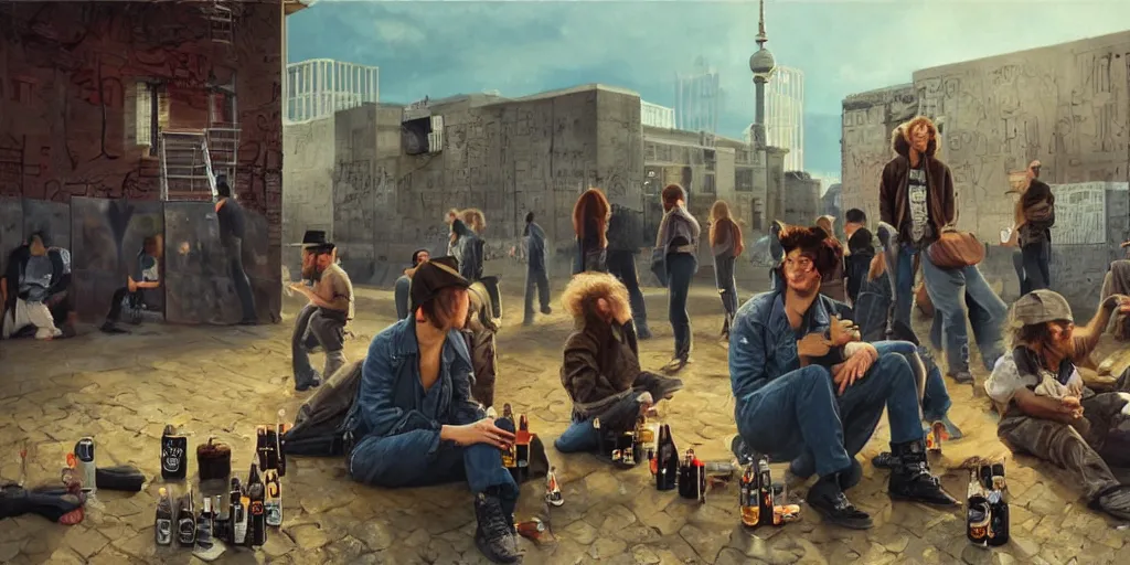 Prompt: beautiful oil matte portrait painting, 8 0 s punks sitting on the berlin wall drinking bottles of beer, boombox on the side, wonderful masterpiece highly detailed, beautiful cinematic light deep focus, elegant, digital painting, smooth, sharp focus, golden ratio, dramatic illumination, ultra realistic, 8 k, art by jimmy law